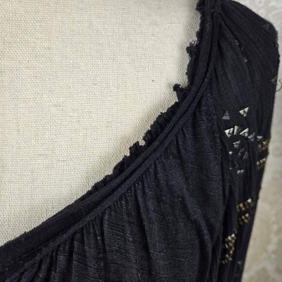 Free People Size Small Black Peasant Top Tie Scoop Neck Long Sleeve Embellished - Picture 9 of 16